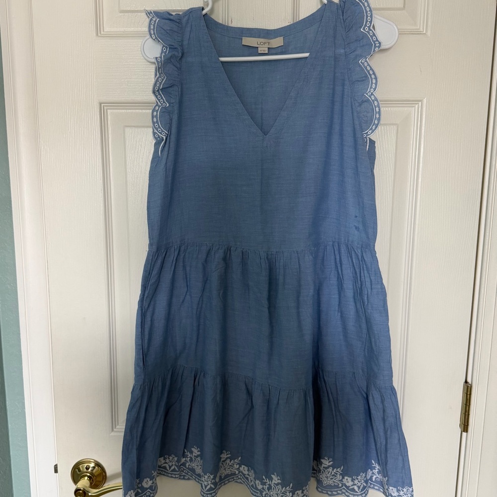 LOFT XS Blue Embroidered Tiered Dress